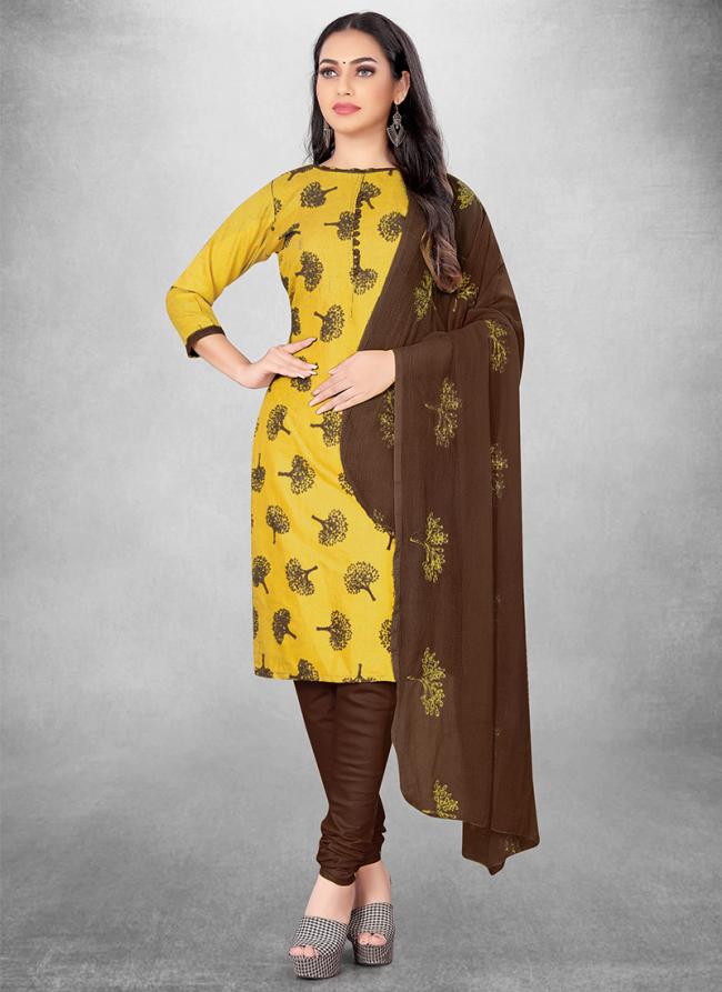 Slub Cotton Yellow Casual Wear Embroidery Work Churidar Suit